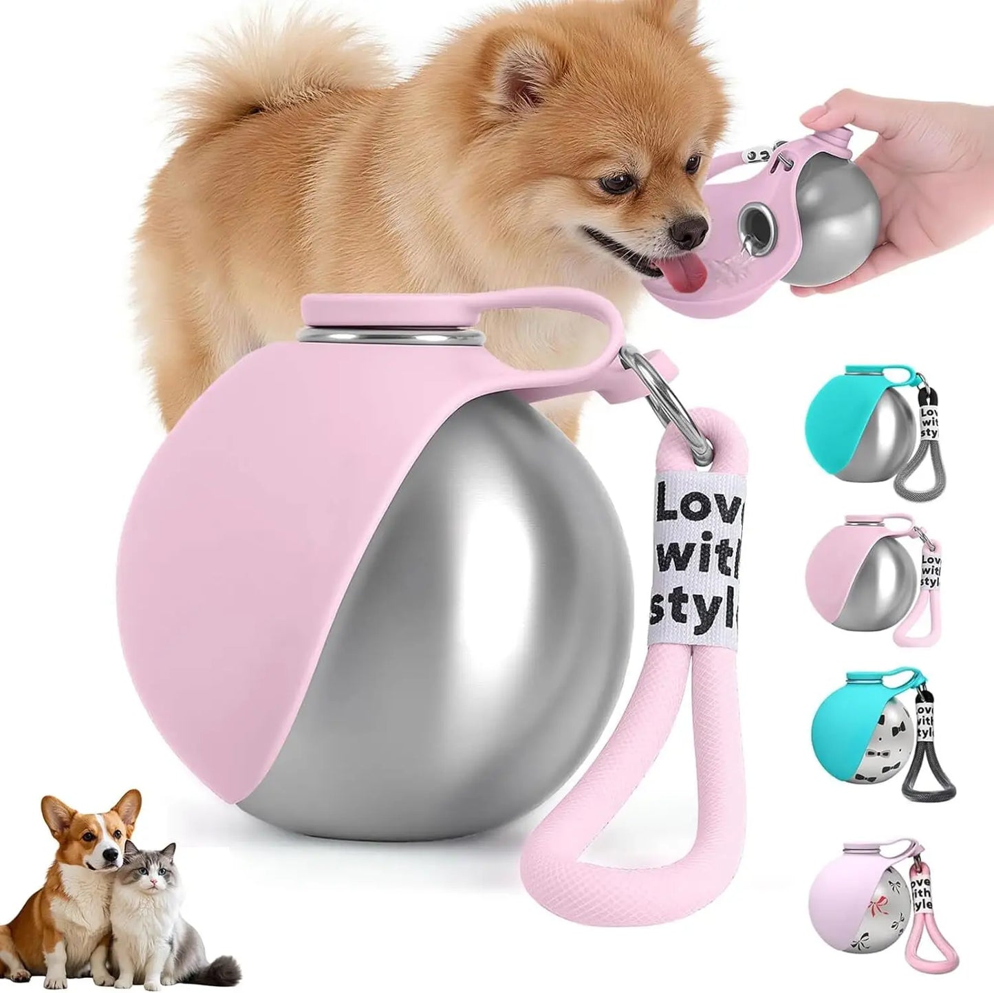 Dogs Drinking Bottle with Silicone Bowl, 285ml Stainless Steel Leak-Proof Dog Drinking Bottle for Cats and Dogs, Walks and Hikes